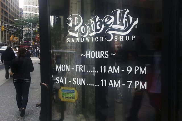 A photograph of the window sign at a Potbelly Sandwich Shop in 2013.